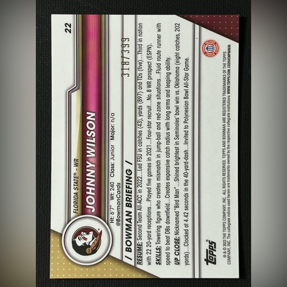 2023 Bowman Chrome University Purple Parallel Johnny Wilson - Picture 2 of 2